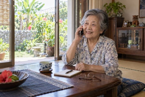 自宅で電話をかけて相談する高齢の女性（イメージ写真）